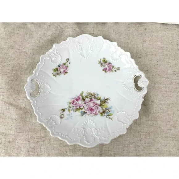 VTG Porcelain Pink Roses Floral Serving Plate With Handles Embossed Shabby Chic - Picture 2 of 11